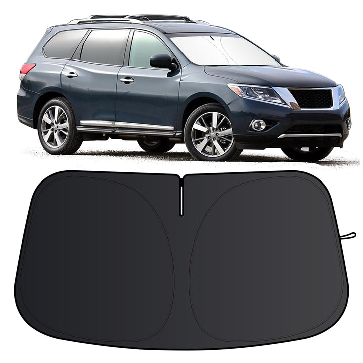 JCRNBU front view of Pathfinder sun shade showing full windshield coverage and protection