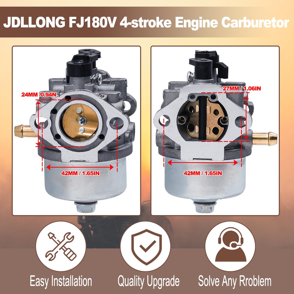 JDLLONG carburetor side detail highlighting throttle linkage and fuel inlet benefits
