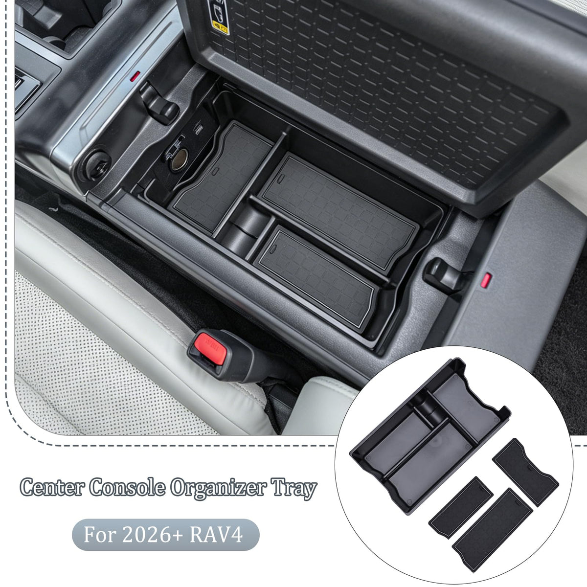 JDMCAR organizer installed inside 2026 RAV4 armrest showing tidy storage benefit