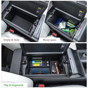 JDMCAR overhead view with armrest open demonstrating organized top compartments