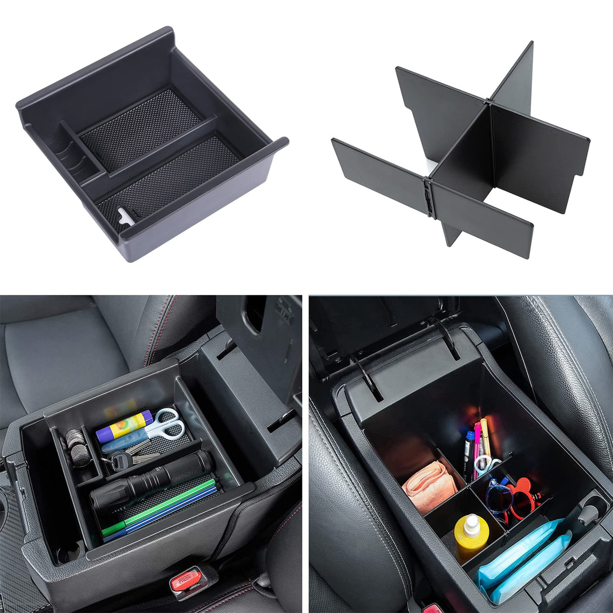 JDMCAR front view of center console insert showing precise fit and neat storage