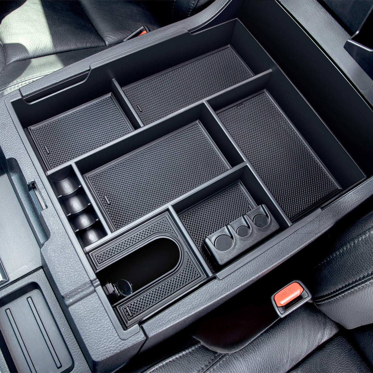 JDMCAR center console front view showing organized compartments and improved storage