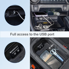 JDMCAR console insert in use with phone, coins, and sunglasses for neat storage