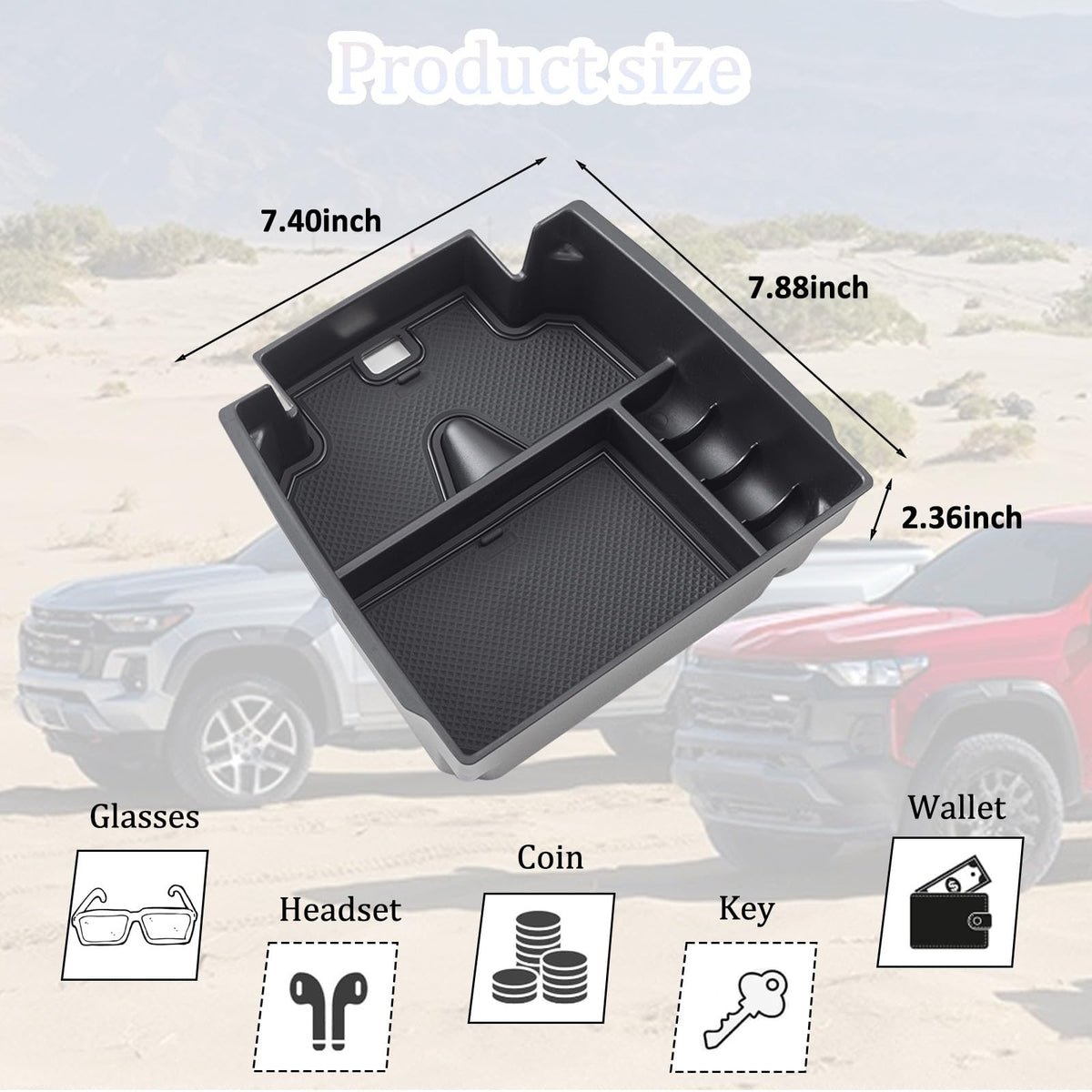 JDMCAR organizer inside open armrest showing size and scale to preserve below-bin space benefit