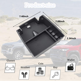 JDMCAR organizer inside open armrest showing size and scale to preserve below-bin space benefit