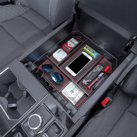 JDMCAR center console organizer front view showing tidy compartments and easy access