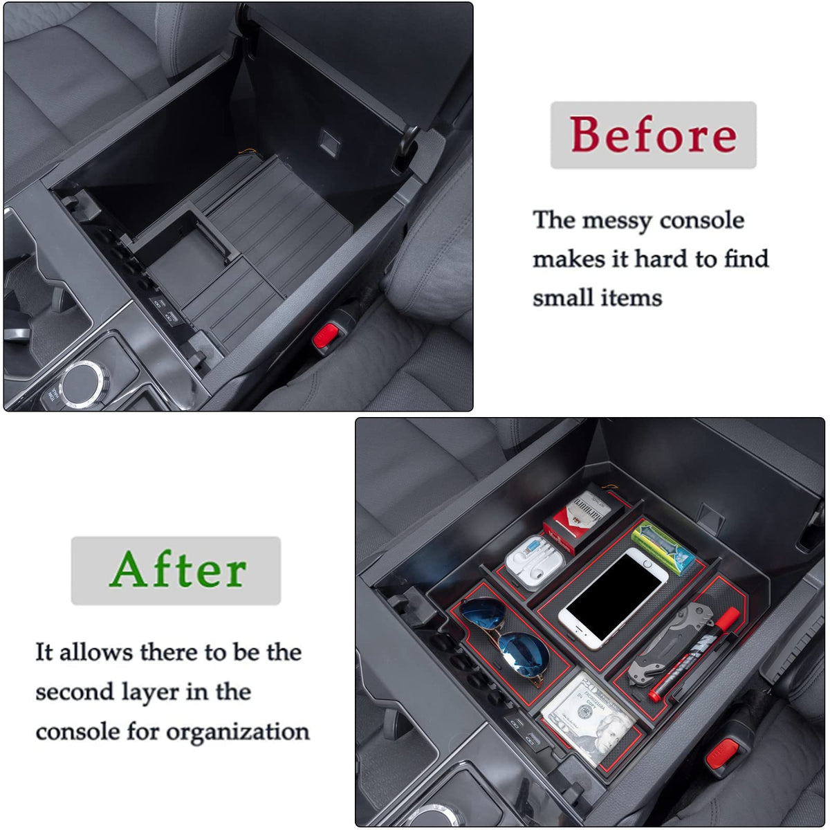 JDMCAR organizer installed in Tundra center console illustrating neat storage benefit