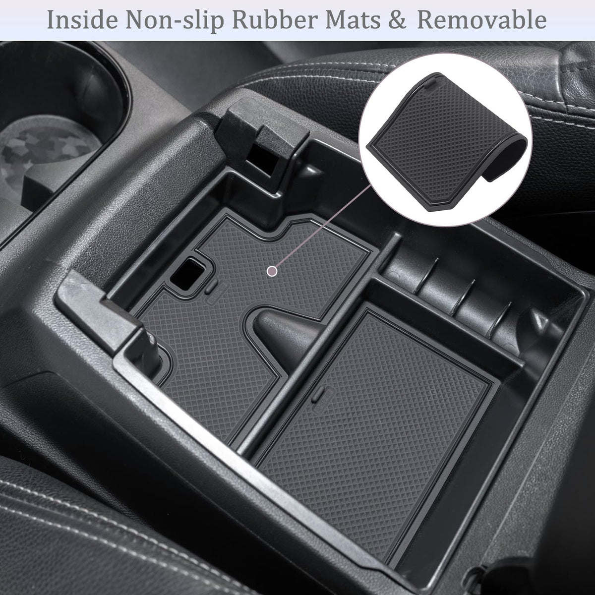 JDMCAR detail of removable silicone anti-slip pads providing secure, rattle-free storage benefit