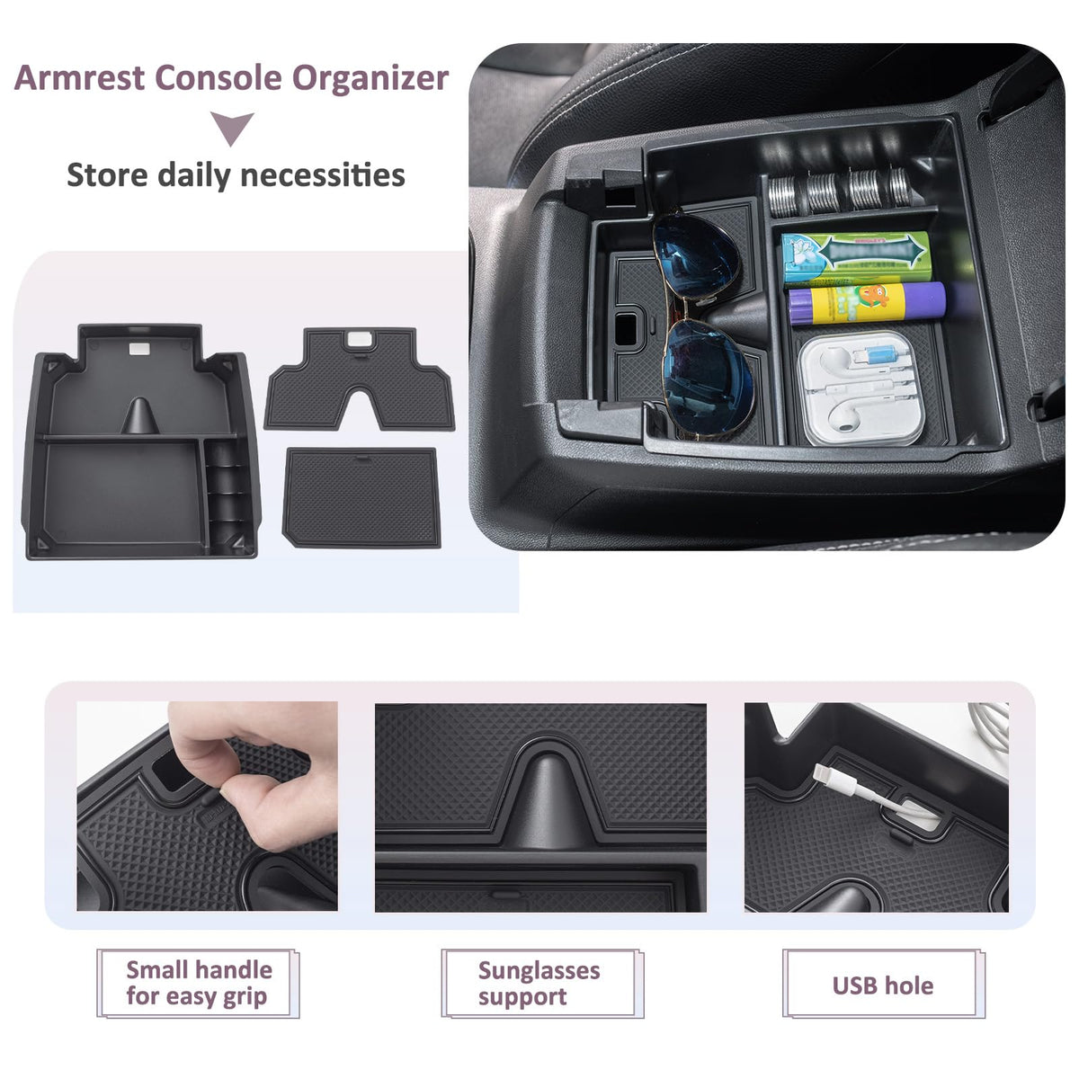 JDMCAR organizer installed with phone, keys, sunglasses showing easy-access convenience benefit