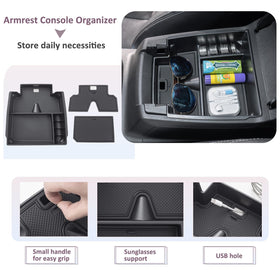 JDMCAR organizer installed with phone, keys, sunglasses showing easy-access convenience benefit