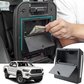 JDMCAR front installed in Tacoma console showing discreet added storage benefit