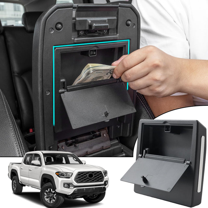 JDMCAR front installed in Tacoma console showing discreet added storage benefit