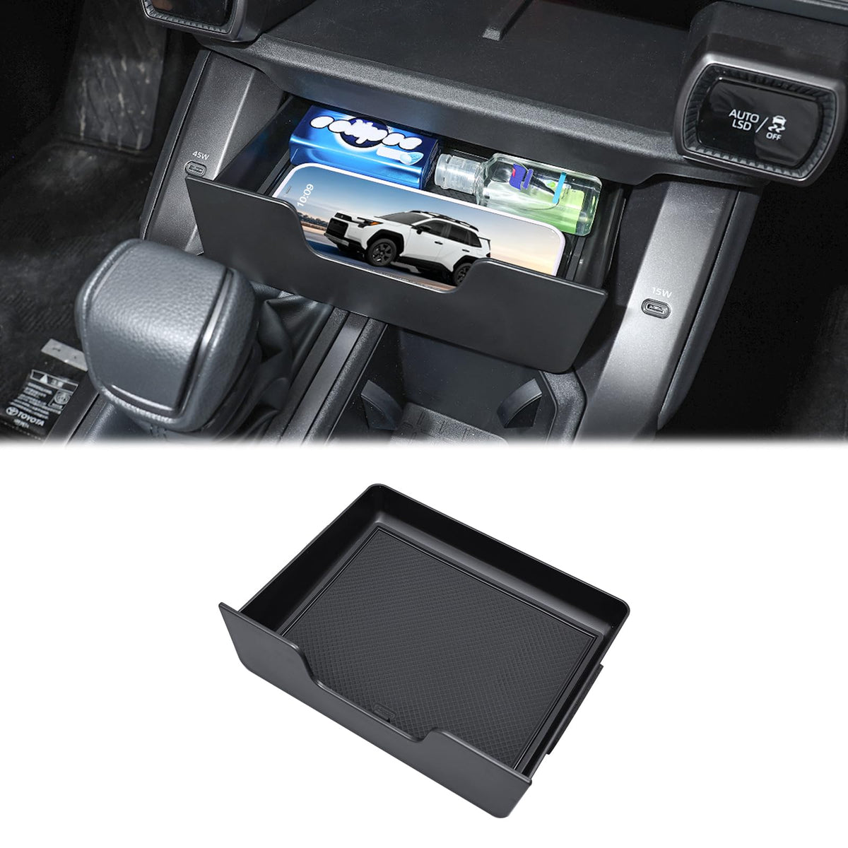 JDMCAR front view of console drawer showing discreet storage benefit