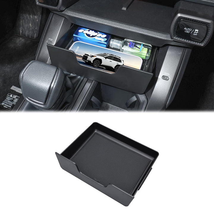 JDMCAR front view of console drawer showing discreet storage benefit