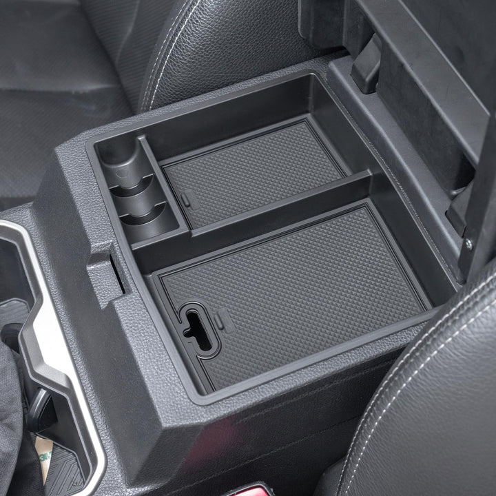 JDMCAR front view of console organizer showing tidy compartments and improved access