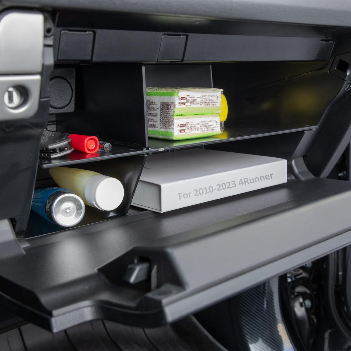 JDMCAR installed in Toyota 4Runner glove box demonstrating no-rattle snug fit
