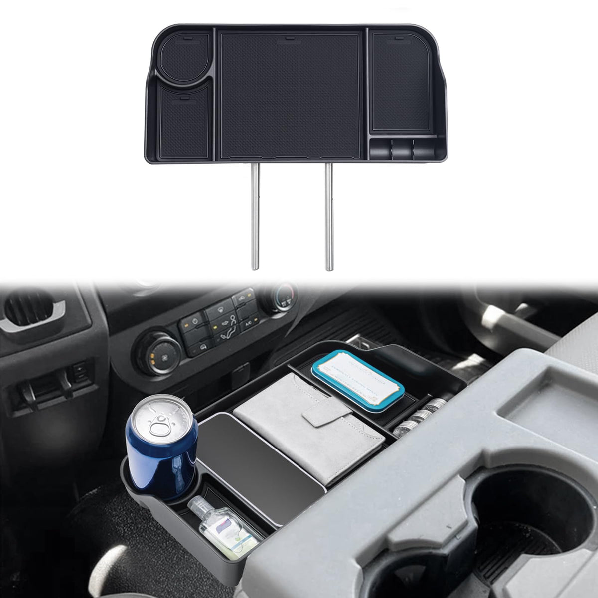 JDMCAR front view of headrest tray showing organized storage benefit