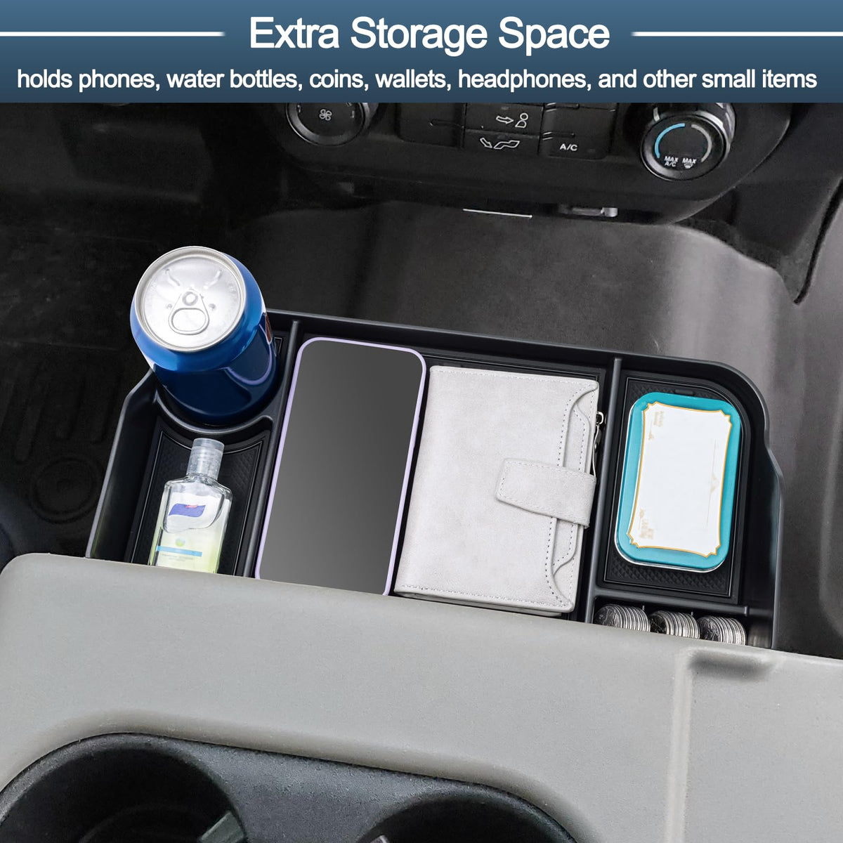 JDMCAR compartments holding phone keys and coins for neat organization