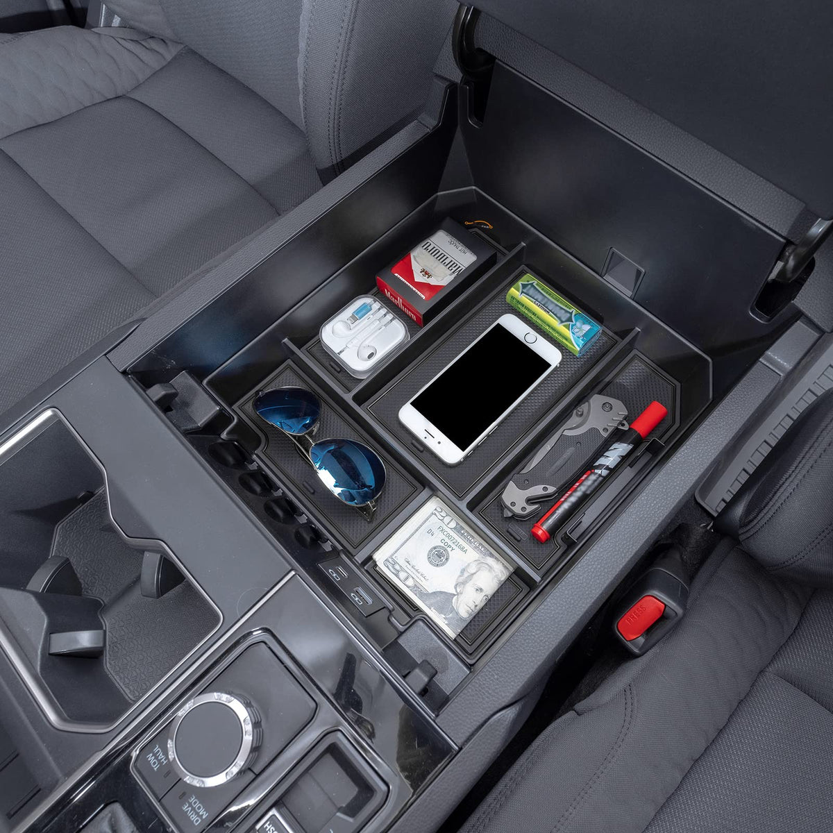 JDMCAR front view of console tray showing tidy compartments and improved organization