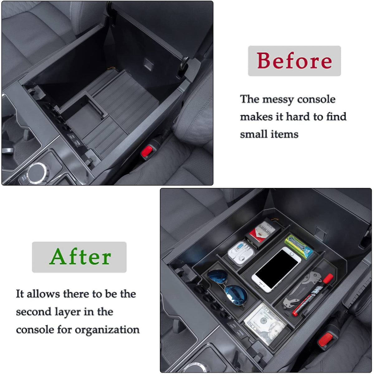 JDMCAR tray loaded with phone wallet sunglasses showing quick access benefit