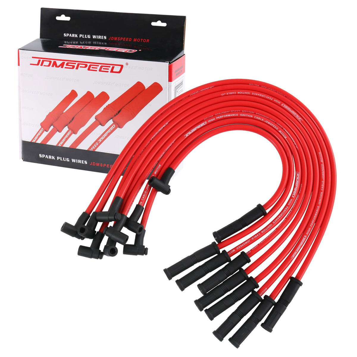 JDMSPEED front packaging showing complete HEI spark plug wire set and fitment benefits