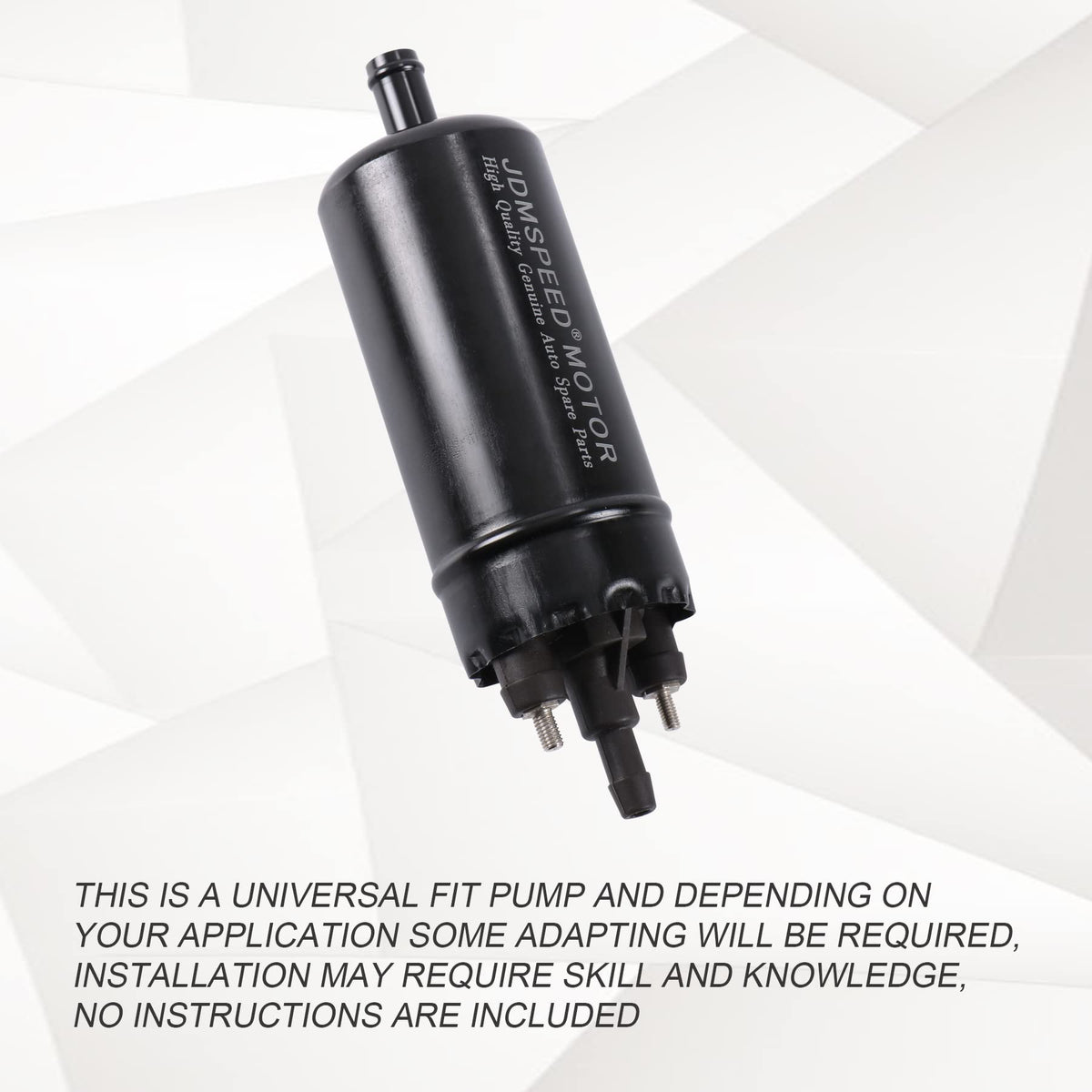 JDMSPEED pump beside a ruler showing compact size and installation clarity