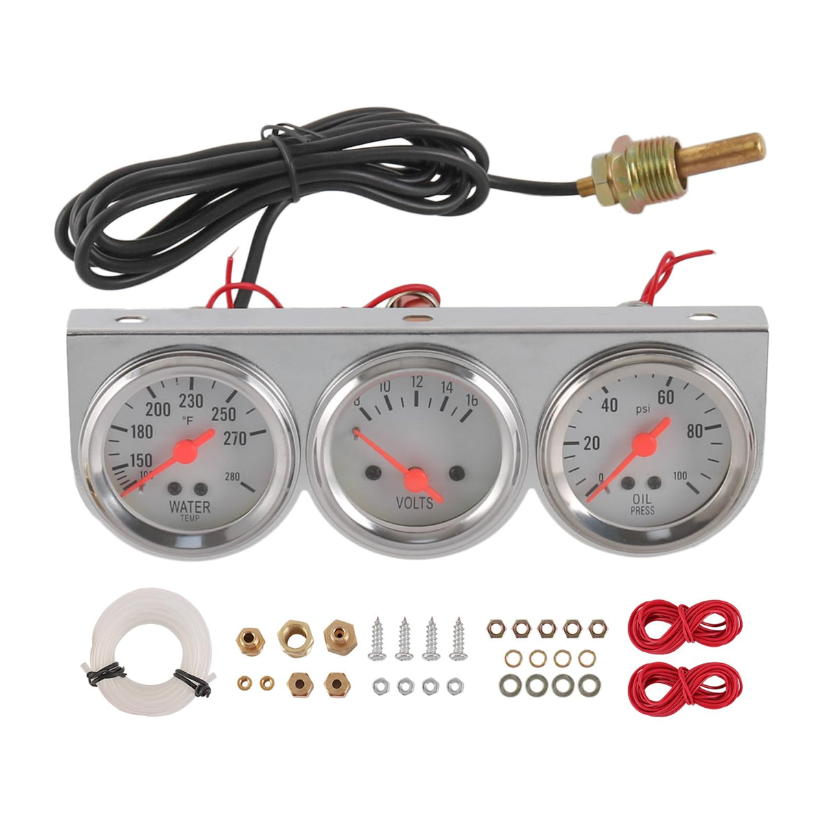 JDMSPEED triple gauge front view showing crisp white dials and black markings for clear reading