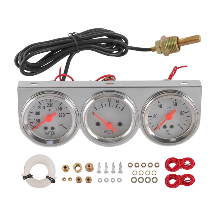 JDMSPEED triple gauge front view showing crisp white dials and black markings for clear reading