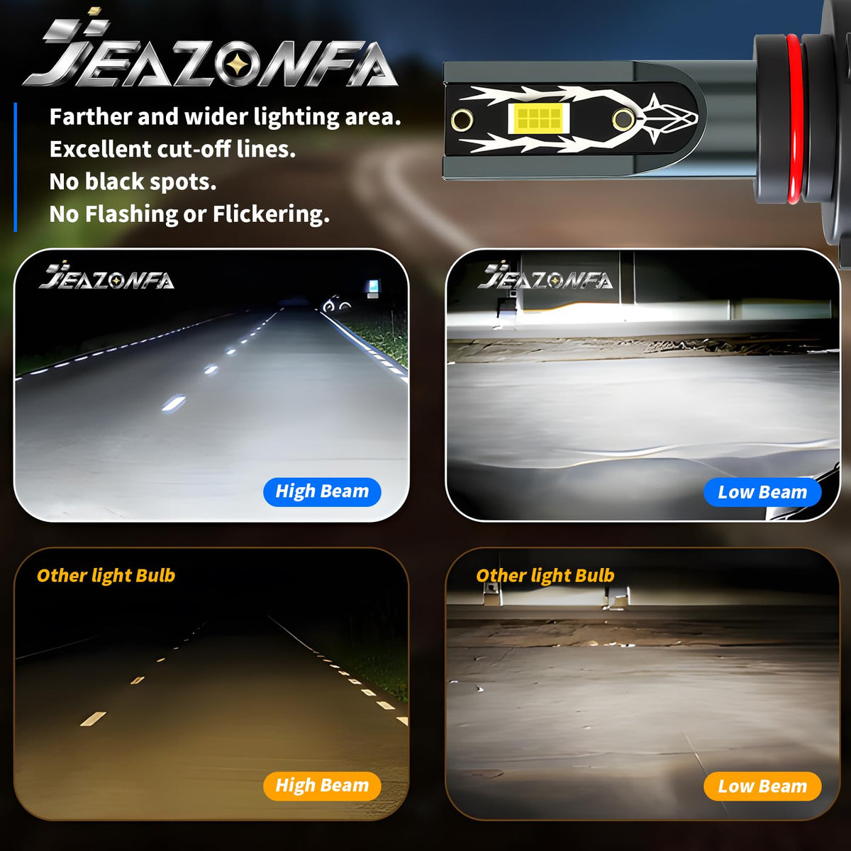 JEAZONFA low-beam in use on road at night showing wider clearer illumination