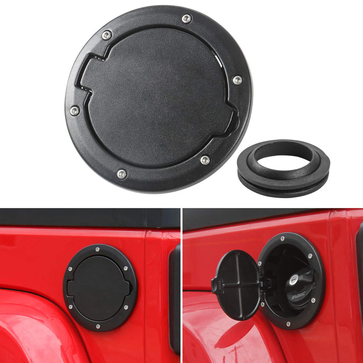 JeCar front view gas cap cover on Wrangler JK showing rugged styling and improved look