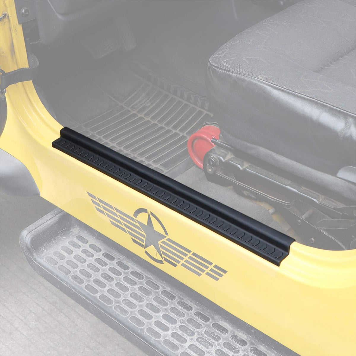JeCar front view of door sill guards showing product and benefits