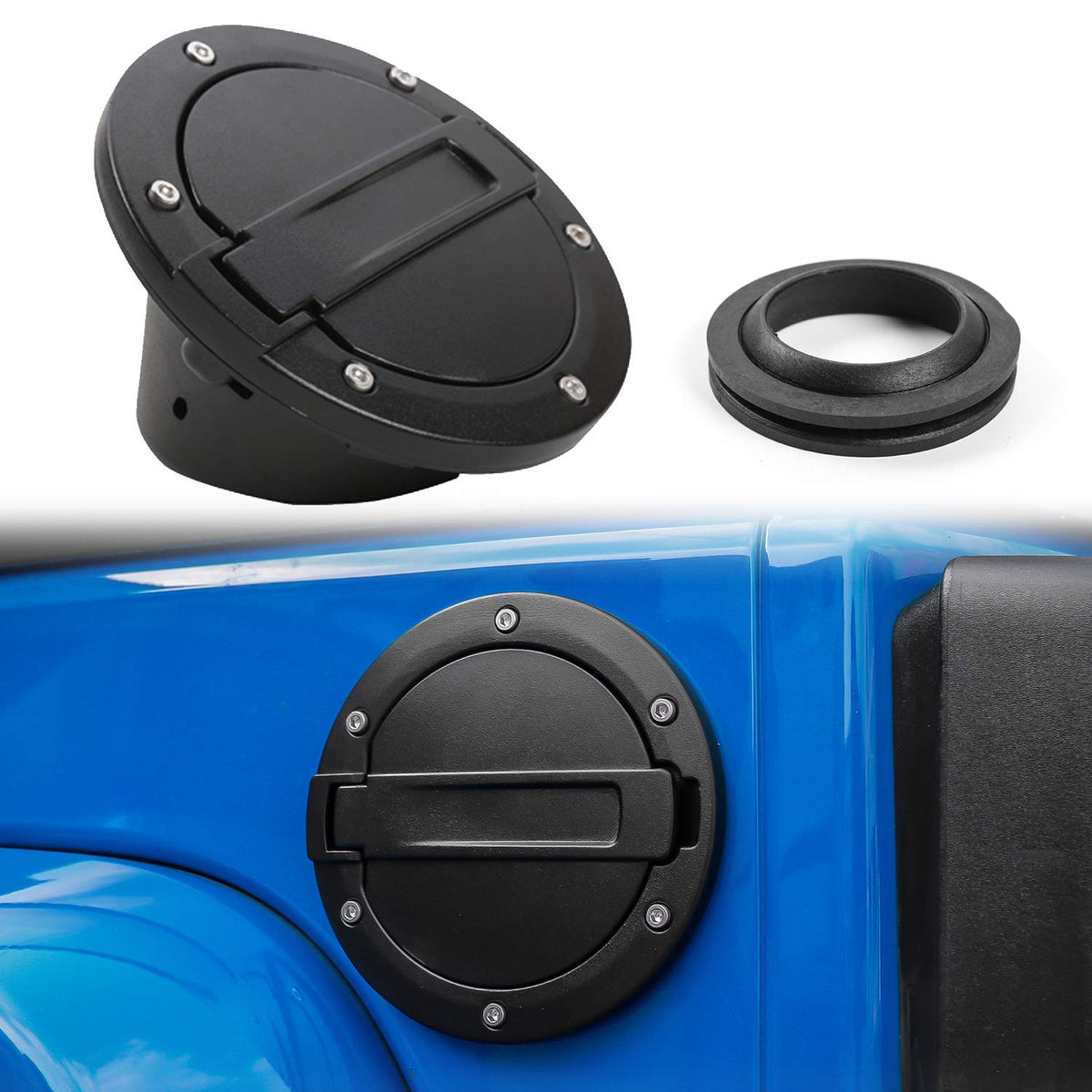JeCar front view of fuel filler door showing rugged finish and style benefit