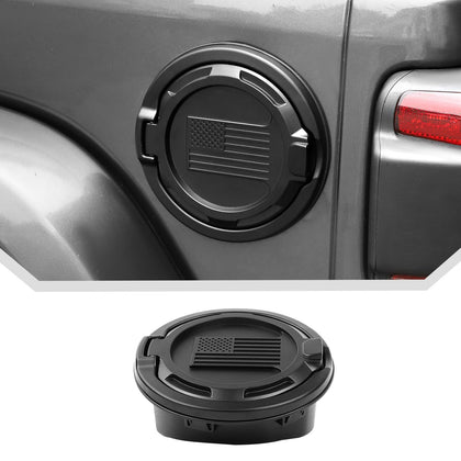 JeCar gas cap front view showing American flag and rugged design benefits