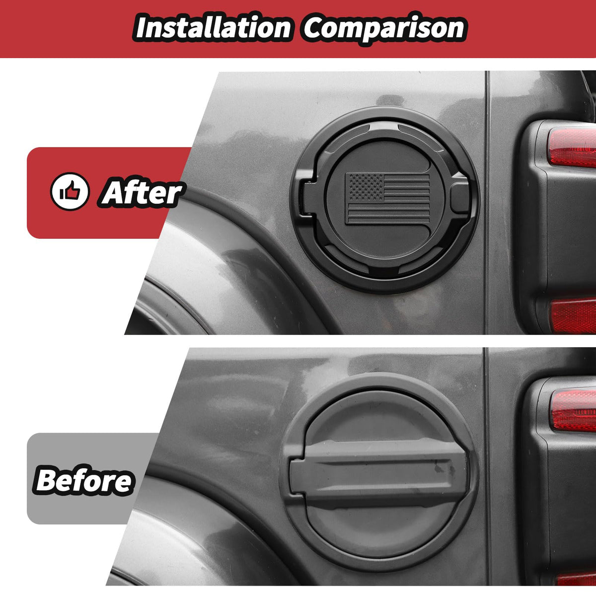 JeCar fuel door cover installation in progress showing simple drill-free fit