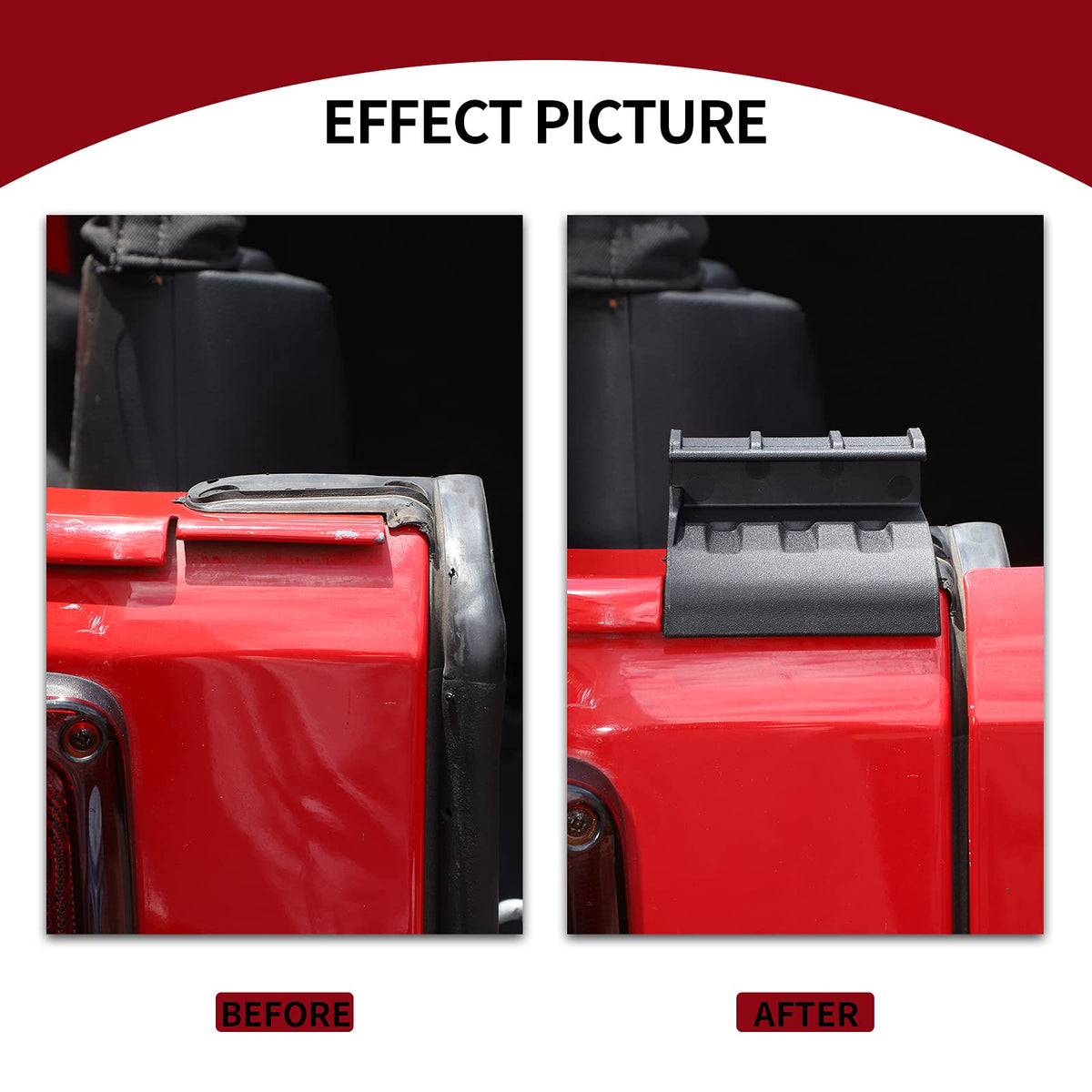 JeCar retainers installed on Jeep tailgate securing soft top window