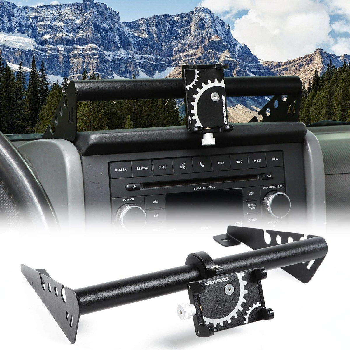 JeCar front view mounted on Jeep dash showing secure placement and stability