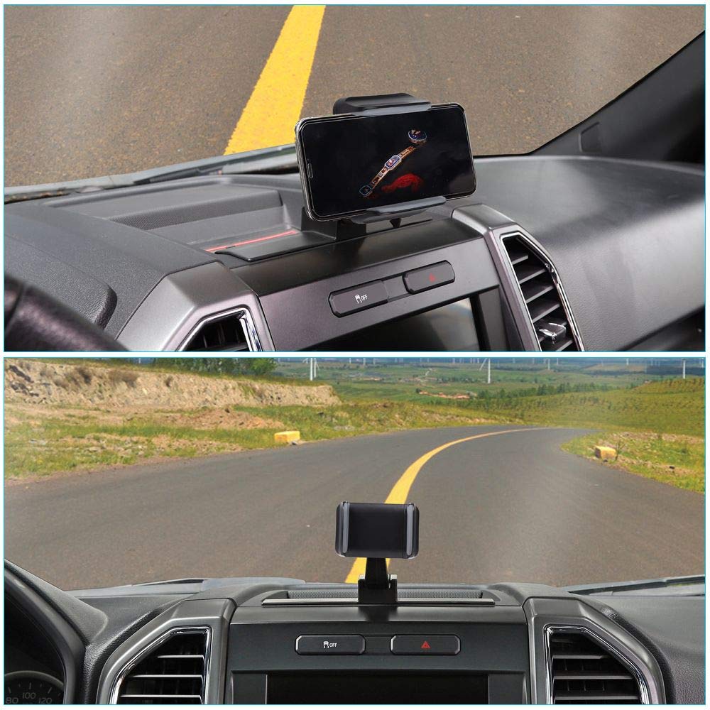 JeCar lifestyle shot on F150 dashboard highlighting safer hands-free driving