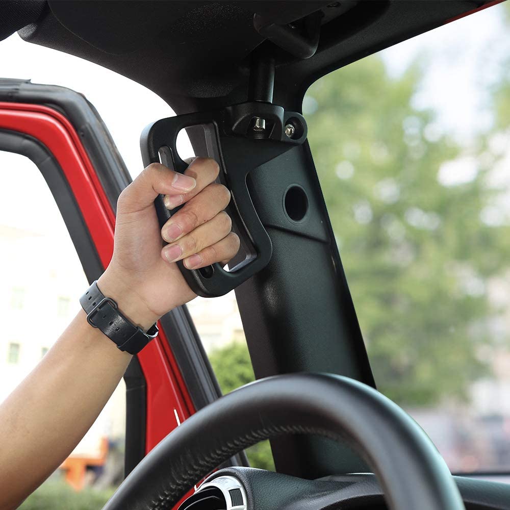 JeCar grab handles on Jeep in off-road setting showing enhanced passenger safety