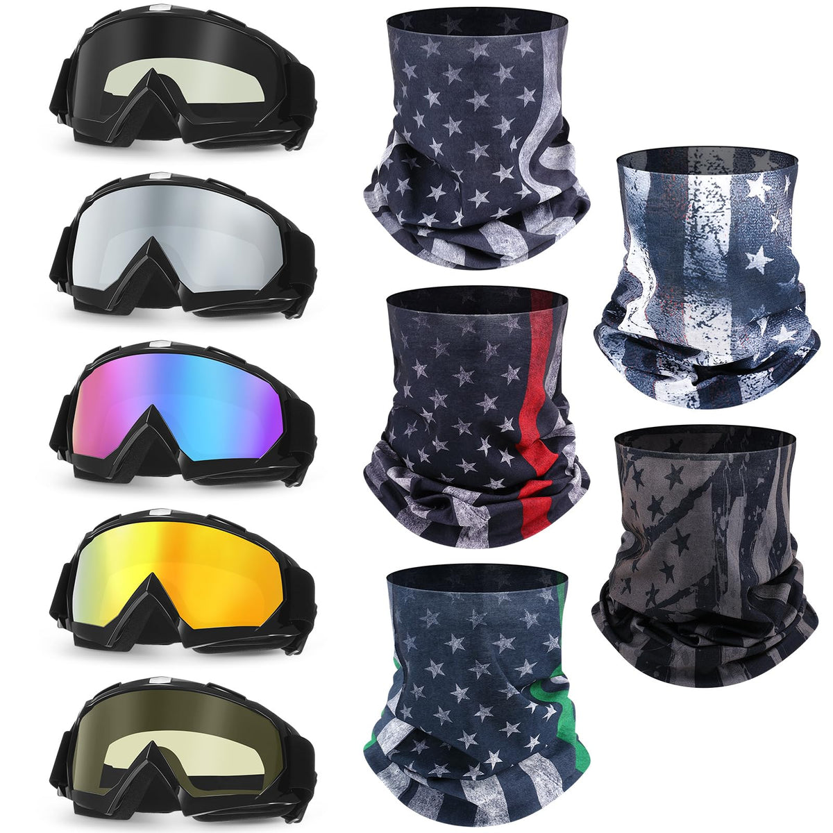 Jecery front pack showing five goggles and five masks for ready protection