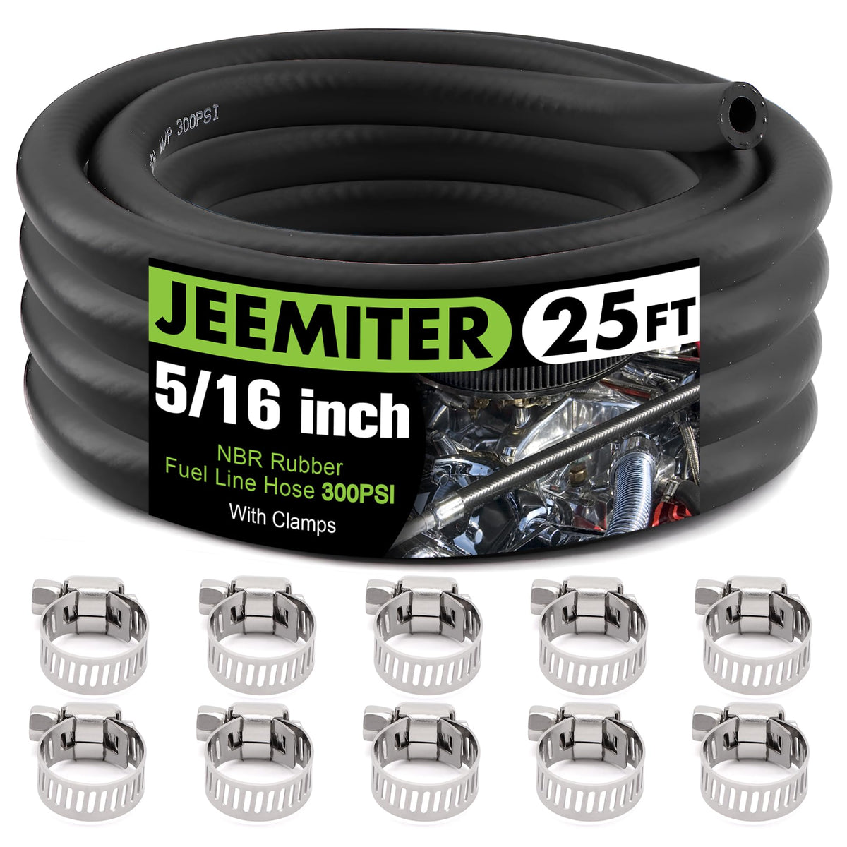 Jeemiter front packaging showcasing the 25FT fuel hose kit and clamps for easy installation
