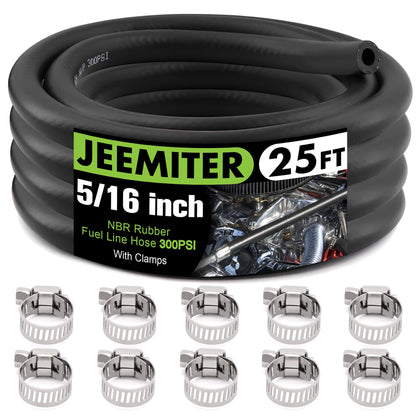 Jeemiter front packaging showcasing the 25FT fuel hose kit and clamps for easy installation
