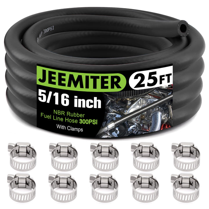 Jeemiter front packaging showcasing the 25FT fuel hose kit and clamps for easy installation