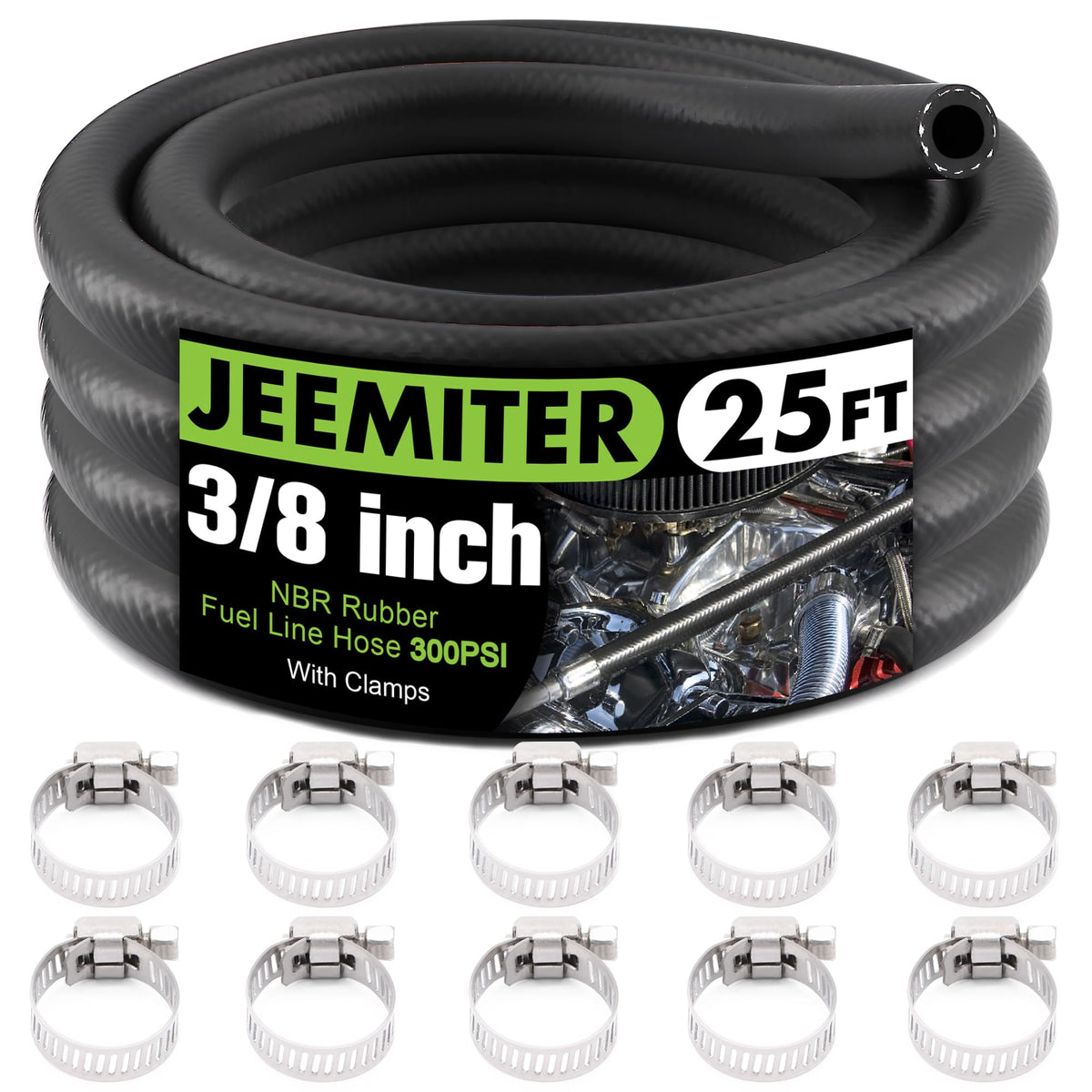 Jeemiter front packaging showing 25FT hose and included clamps for ready installation