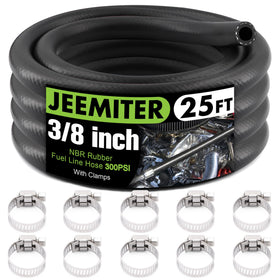 Jeemiter front packaging showing 25FT hose and included clamps for ready installation