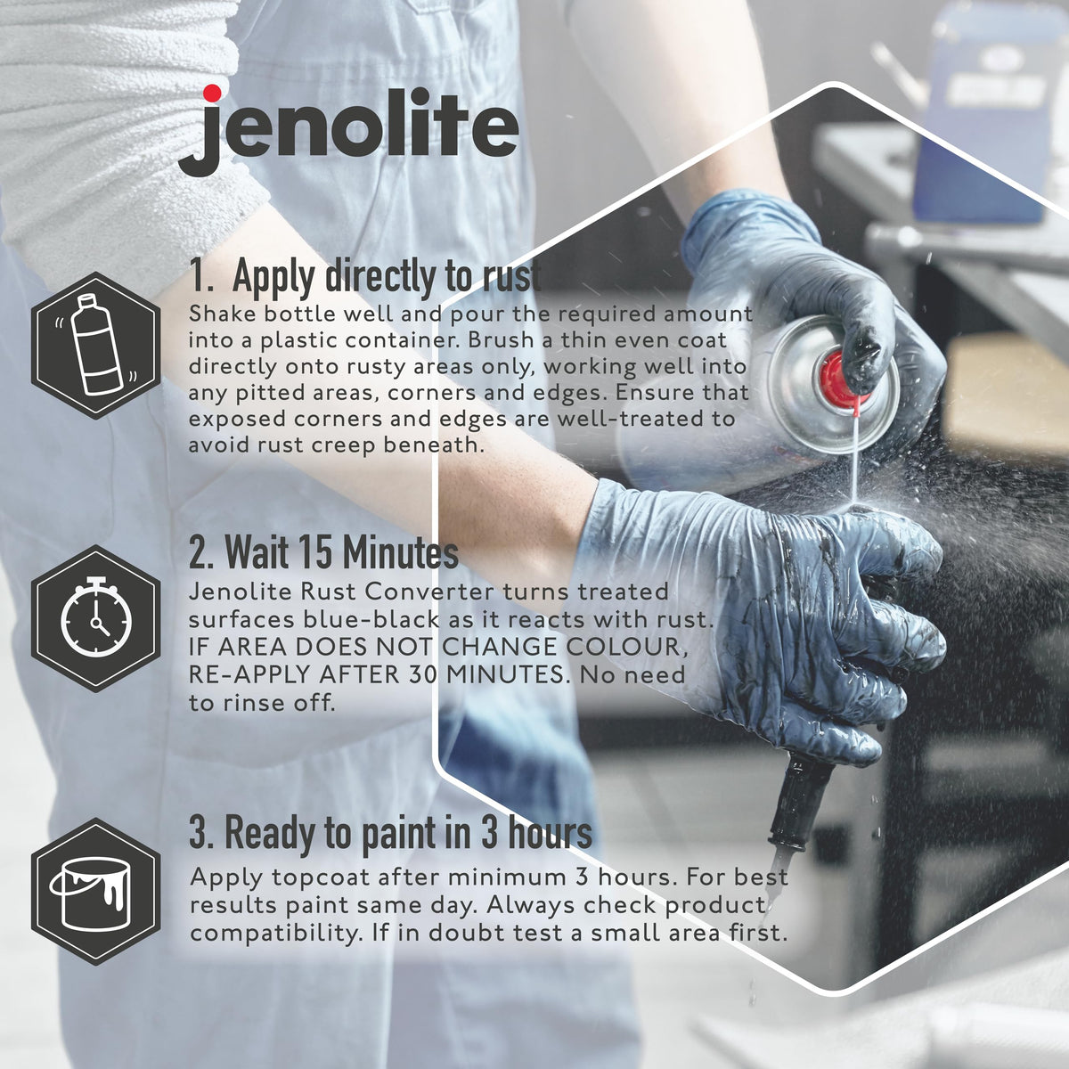 JENOLITE spraying on rusty metal panel demonstrating easy application