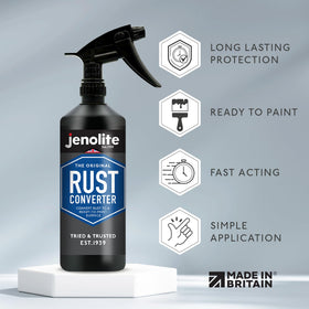 JENOLITE trigger spray in hand spraying rusted metal for easy coverage benefit