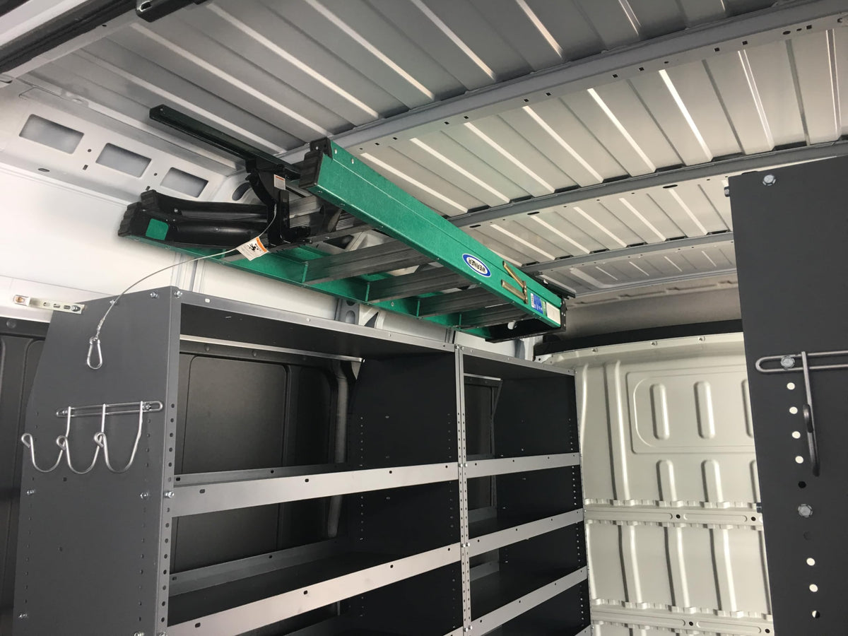 JET Rack scale comparison in van interior showing fit for standard ladders and clearance