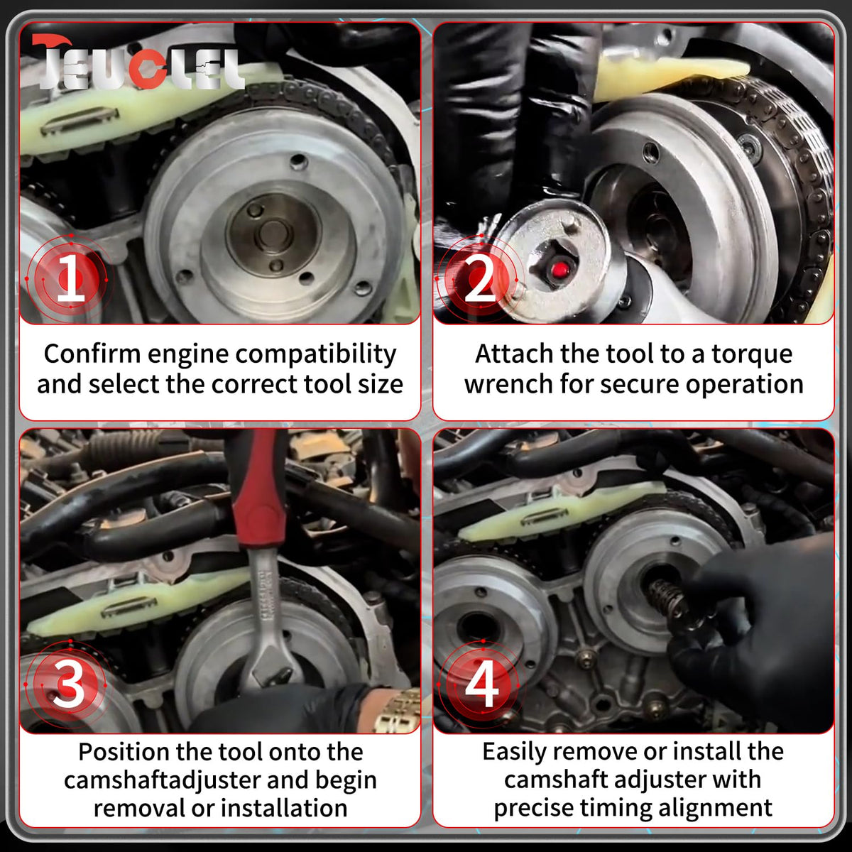 JEUCLEL tool engaged on an Audi camshaft adjuster demonstrating safe removal and installation