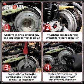 JEUCLEL tool engaged on an Audi camshaft adjuster demonstrating safe removal and installation