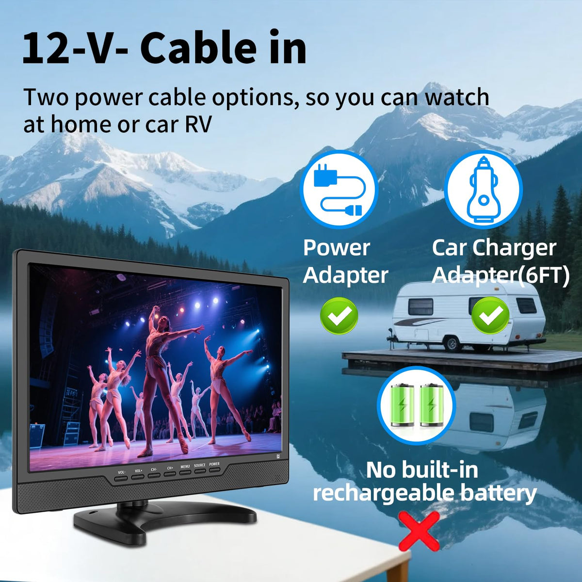 Jexiop TV inside an RV showcasing 12V power compatibility and space-saving placement